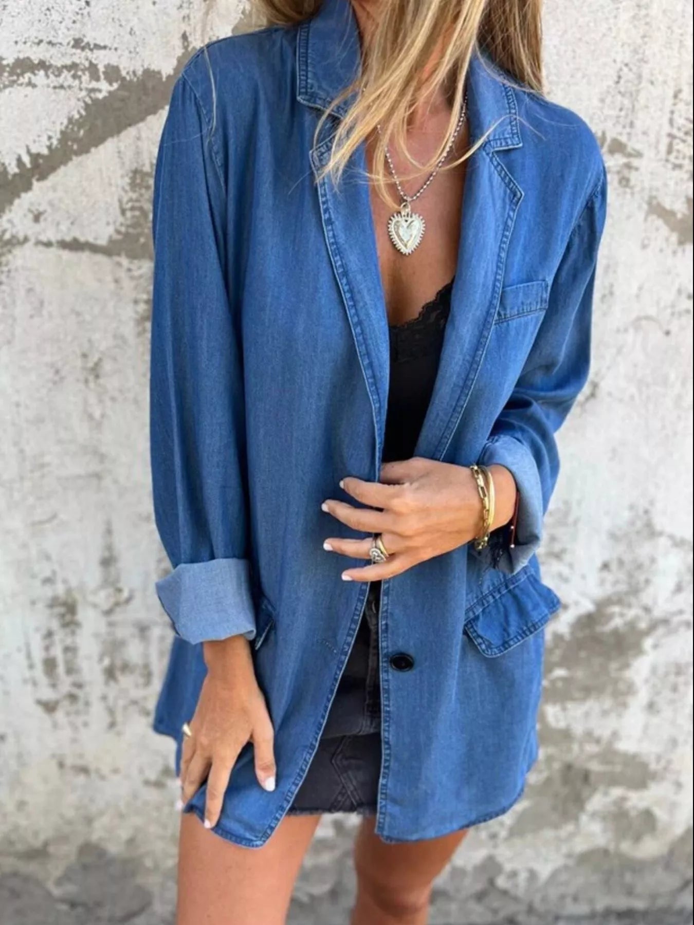 “Rust & Redemption denim blazer outfit — western women’s jacket styled with lace cami and boots, country chic boutique look.