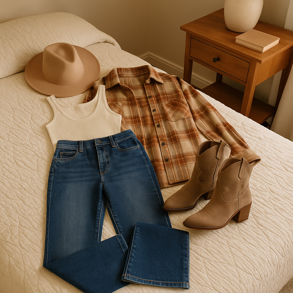 Rust & Redemption western outfit  bootcut jeans, plaid shirt, tank top, cowgirl boots, and felt hat on bed — country chic style.”