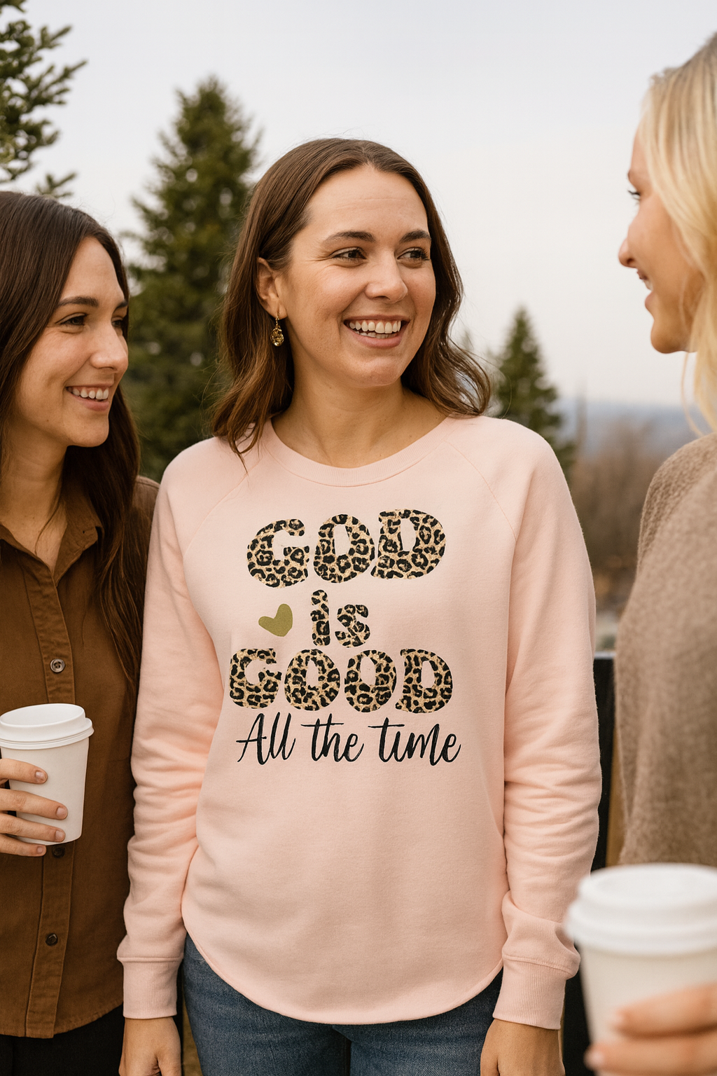 God Is Good All The Time Leopard Print Crewneck Women’s Wave Wash Sweatshirt- Rust & Redemption Collection