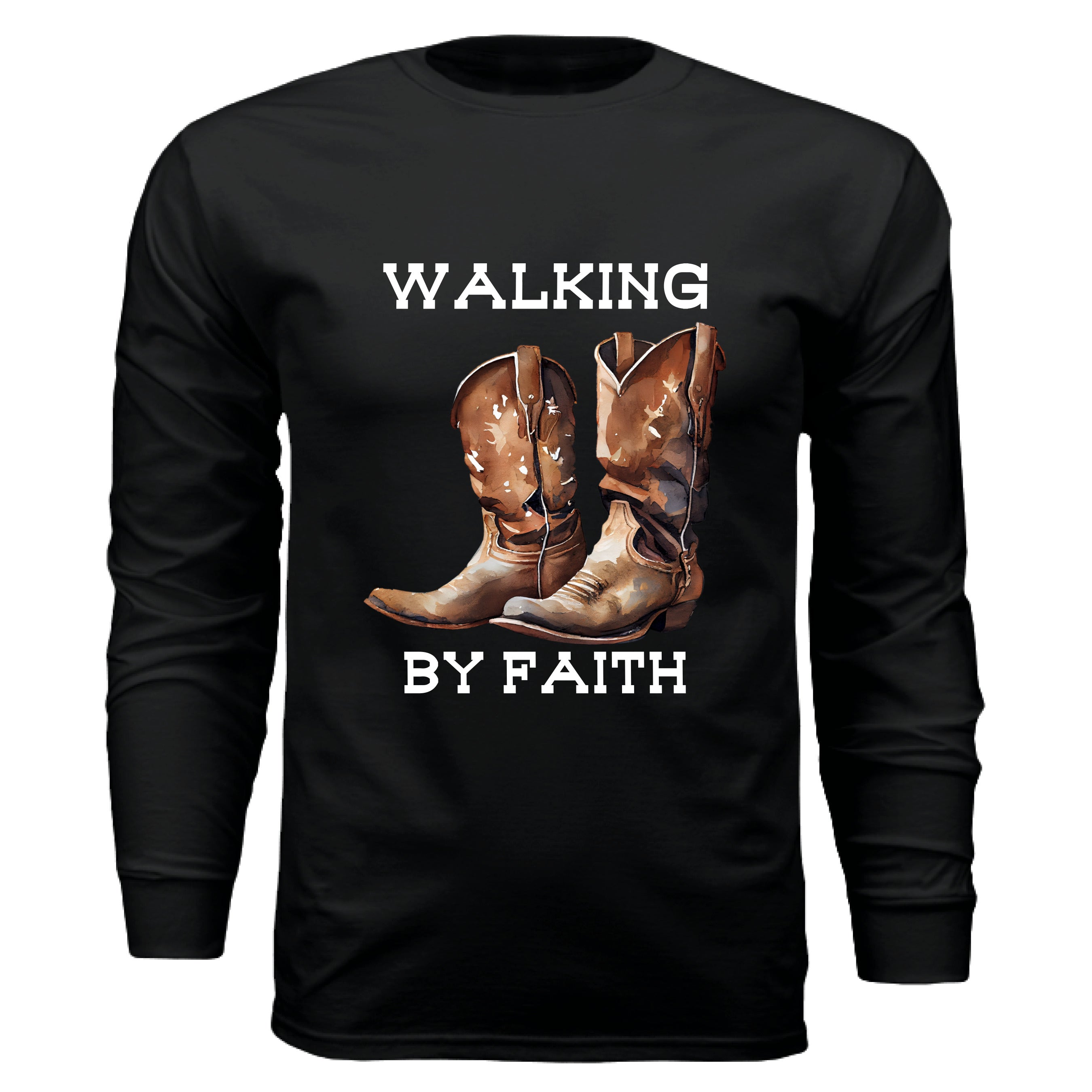 Faith based western long sleeve shirt with cowboy boots design by Rust & Redemption