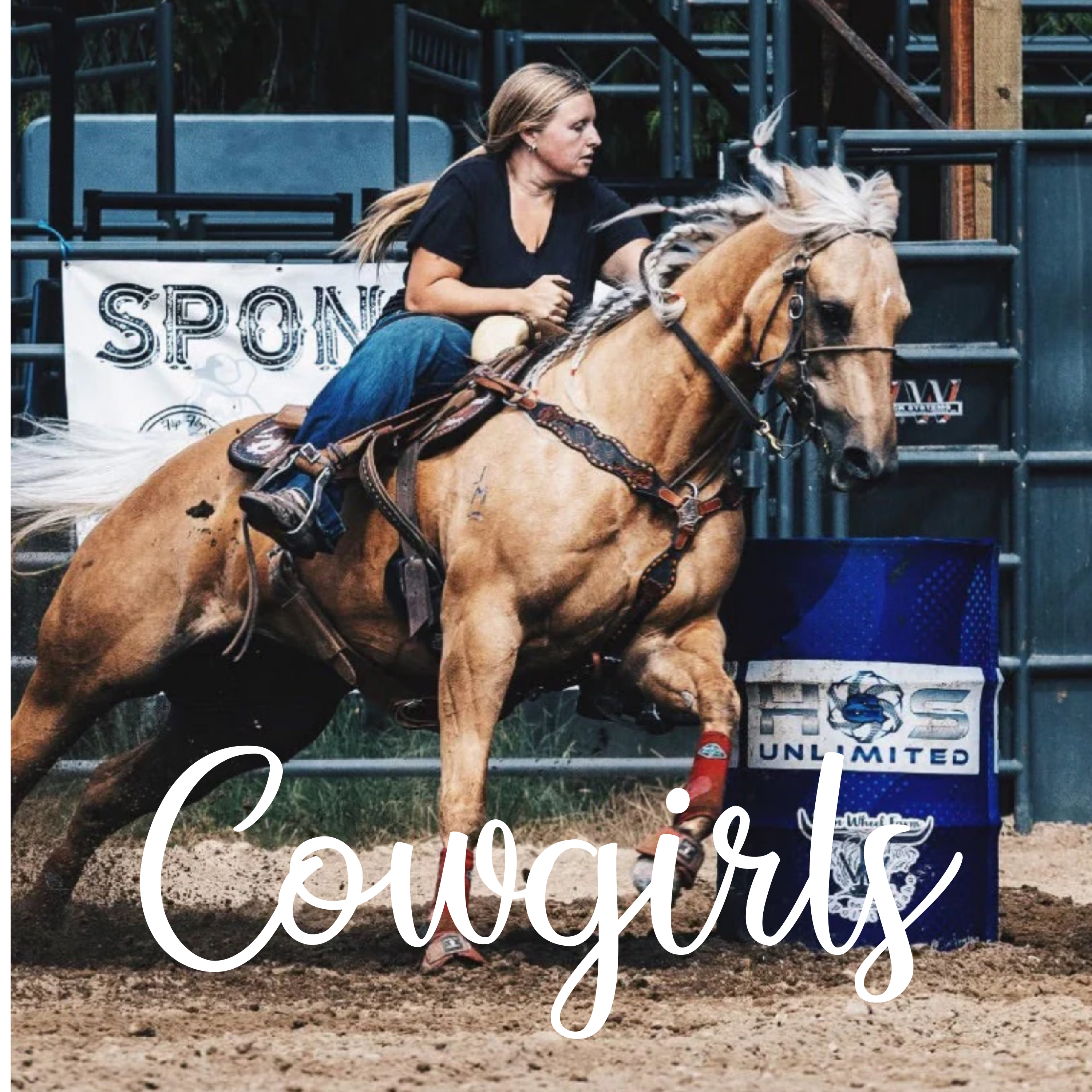 “Cowgirl riding horse in rodeo arena, representing the Cowgirl Clothing Collection from Rust and Redemption”