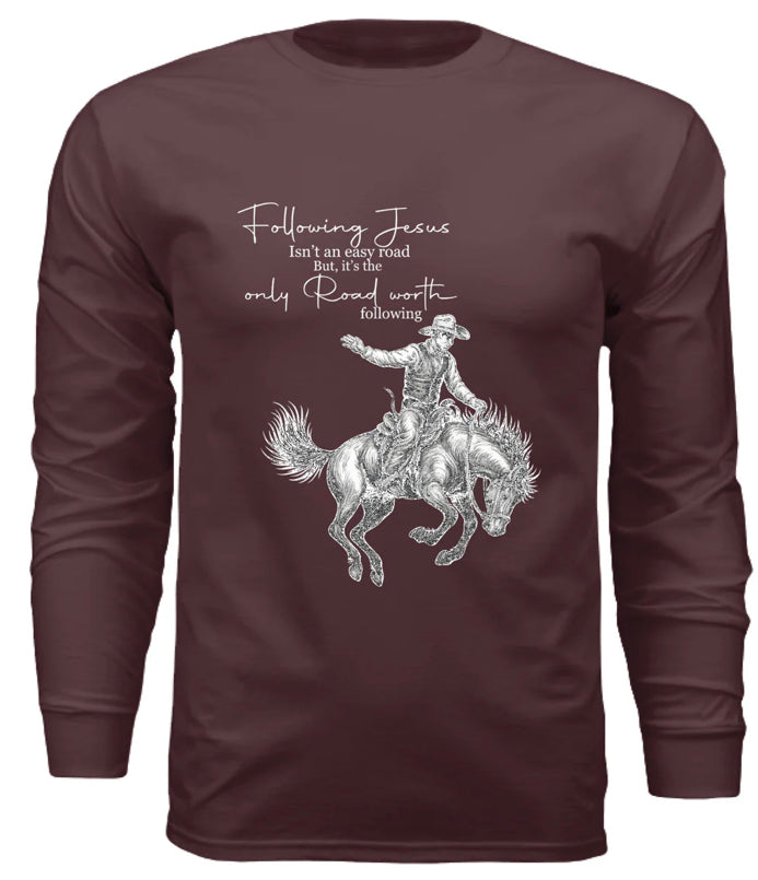 Ride for a purpose with our Following Jesus Bronc Rider Shirt - Rust & Redemption Collection