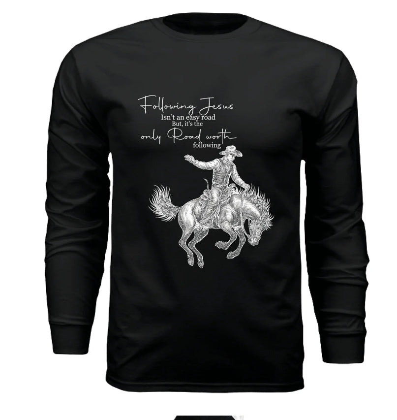 Ride for a purpose with our Following Jesus Bronc Rider Shirt - Rust & Redemption Collection