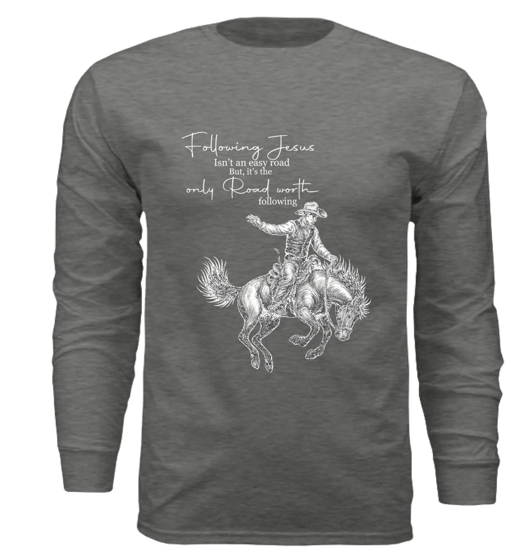 Ride for a purpose with our Following Jesus Bronc Rider Shirt - Rust & Redemption Collection