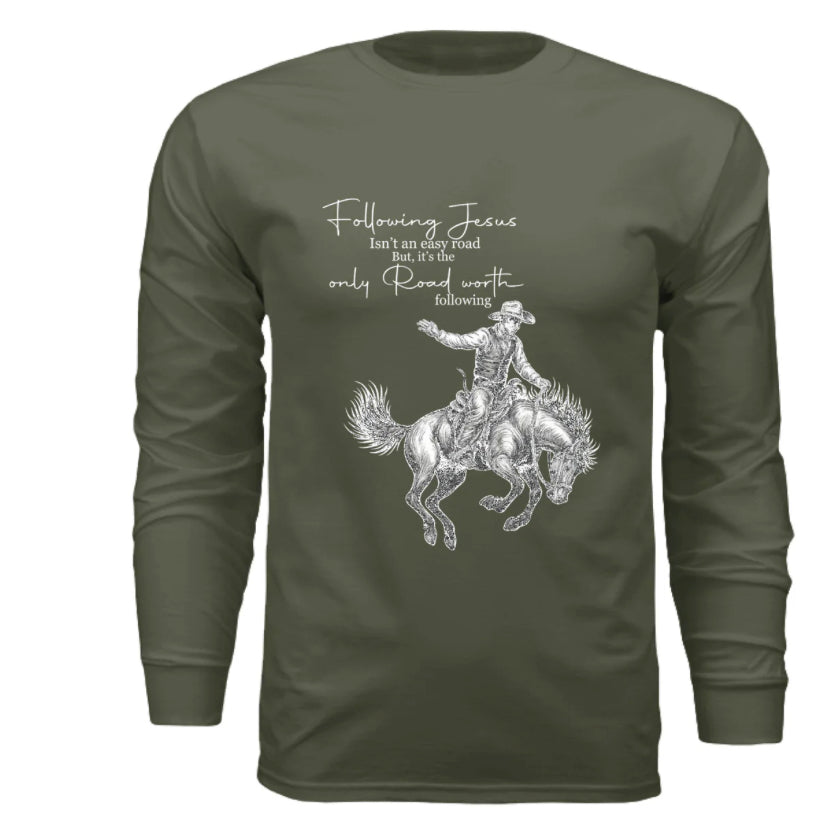Ride for a purpose with our Following Jesus Bronc Rider Shirt - Rust & Redemption Collection