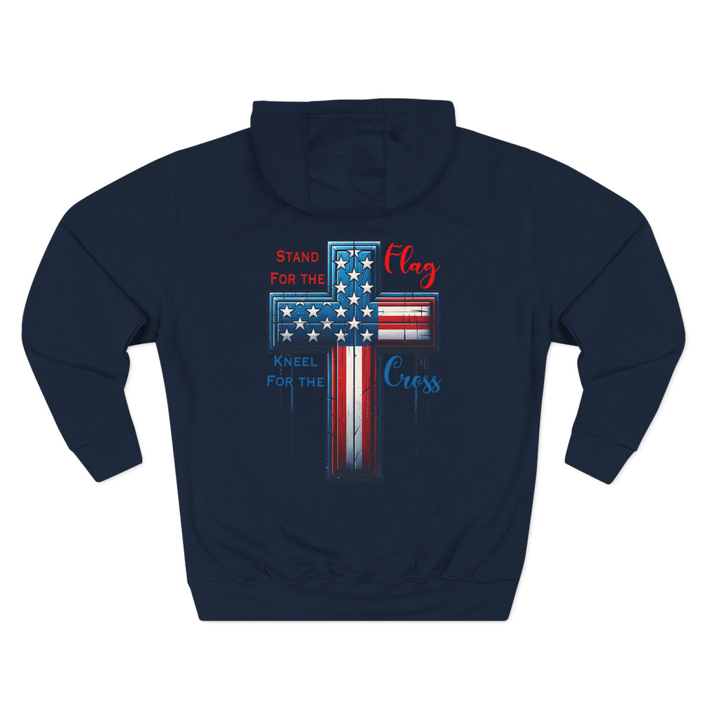 Patriotic Cross Hoodie — "Stand for the Flag, Kneel for the Cross" Fleece Pullover