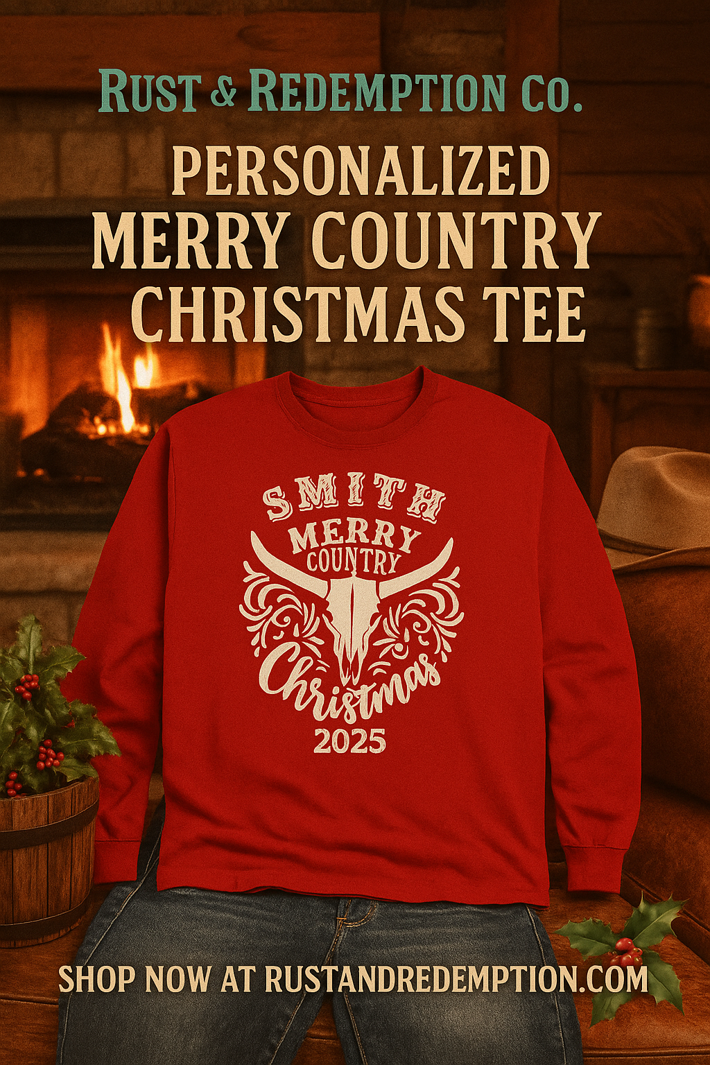 🎄 Personalized “Merry Country Christmas” 2025 Long Sleeve Tee – UNISEX Western Holiday Shirt | Rust & Redemption Co.