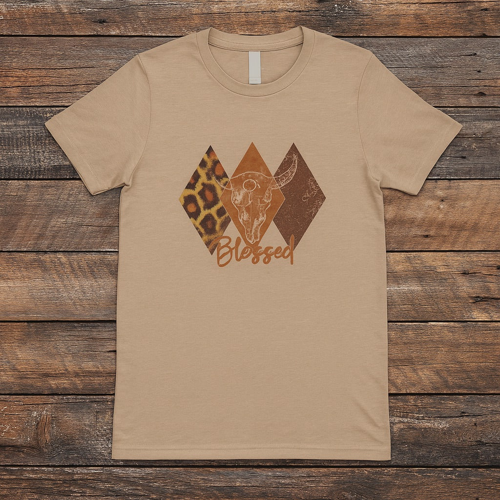 NEW Blessed Woman’s tee western graphic leopard cow skull diamond design - Rust & Redemption collection