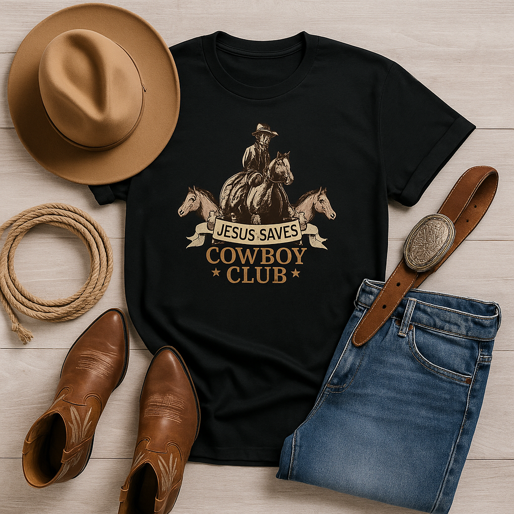 New Jesus Saves Cowboy Club Tee – Western Christian Graphic Tee – Rust & Redemption Collection