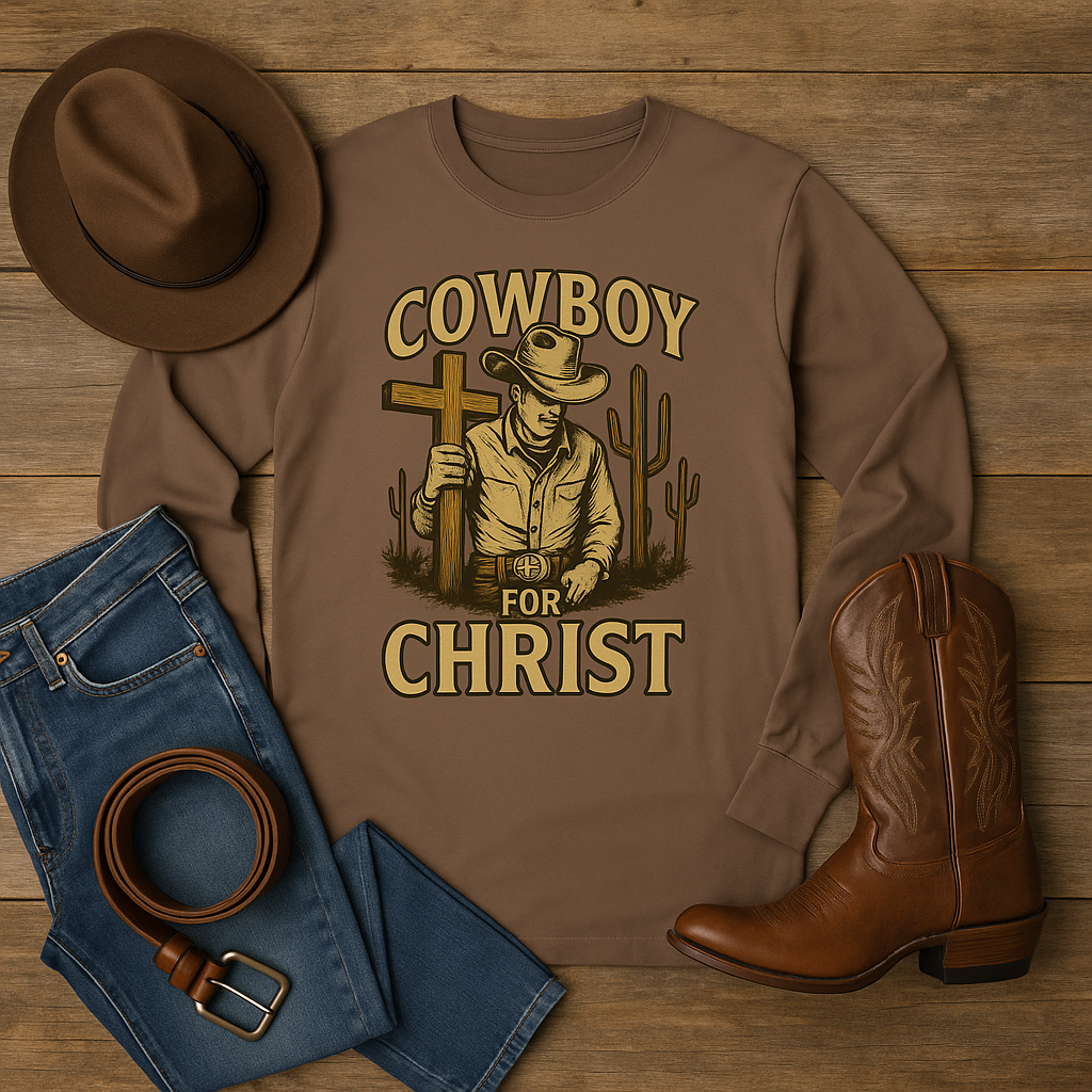 Cowboy for Christ Long Sleeve Tee – Western Faith Collection - Rust & Redemption Collection