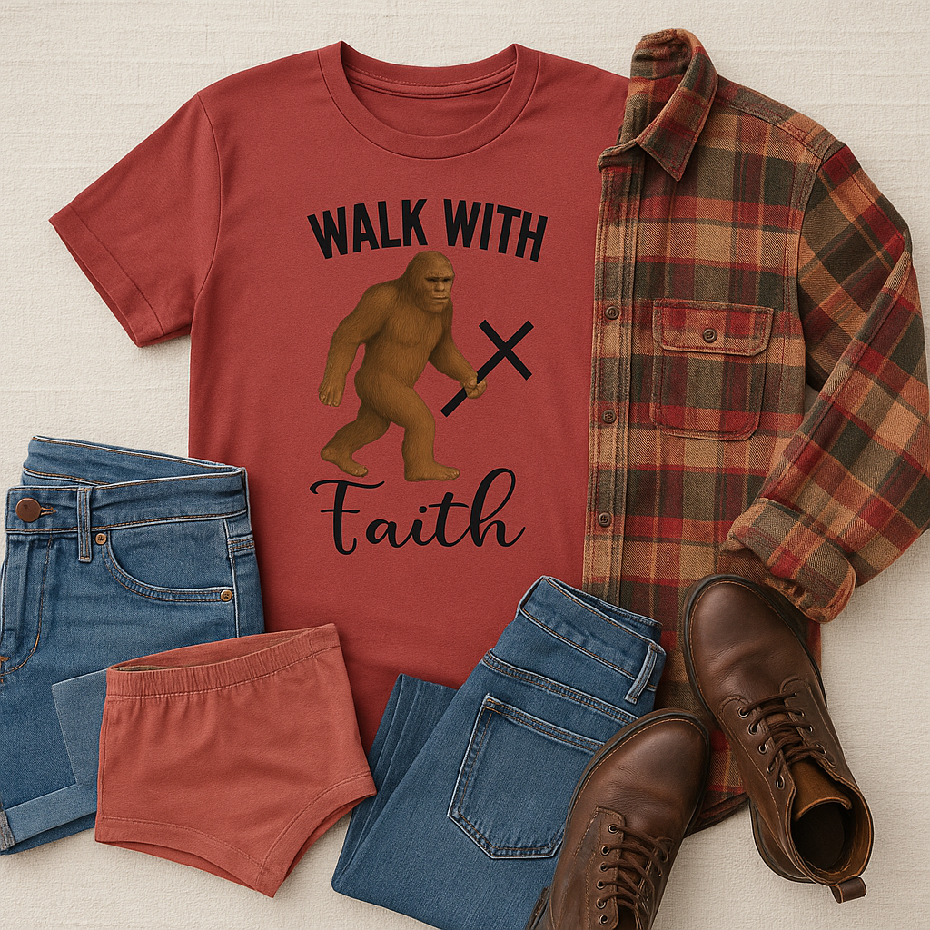 Walk With Faith – Men's Bigfoot Graphic Tee -Rust & Redemption Collection