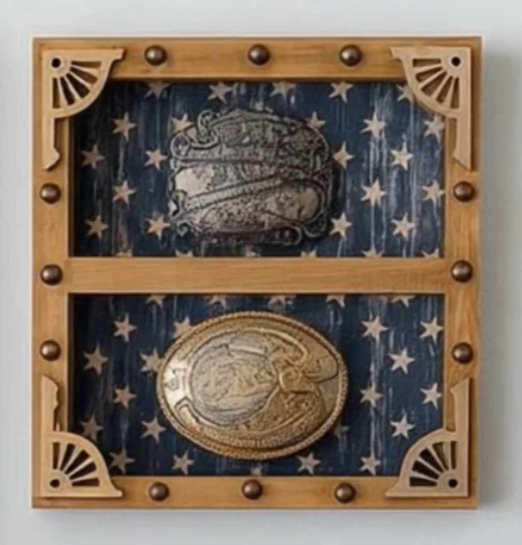 Rustic Western Buckle Display Board – 4 Buckle Wall Frame | Americana Cowboy Decor